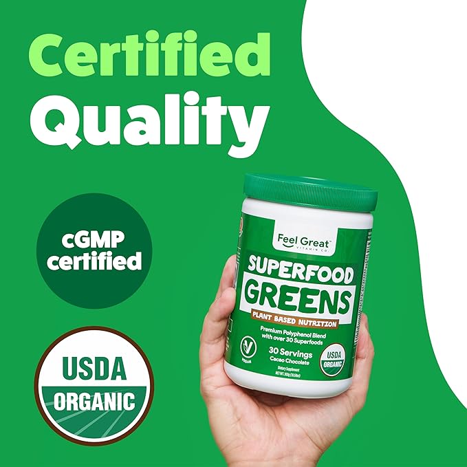 Organic Superfood Greens Powder - Cocoa Chocolate | Super Greens Fruit & Vegetable Supplement | Over 20 Greens, Fruits & Veggies, Fiber, Probiotics & Digestive Enzymes | 30 Servings