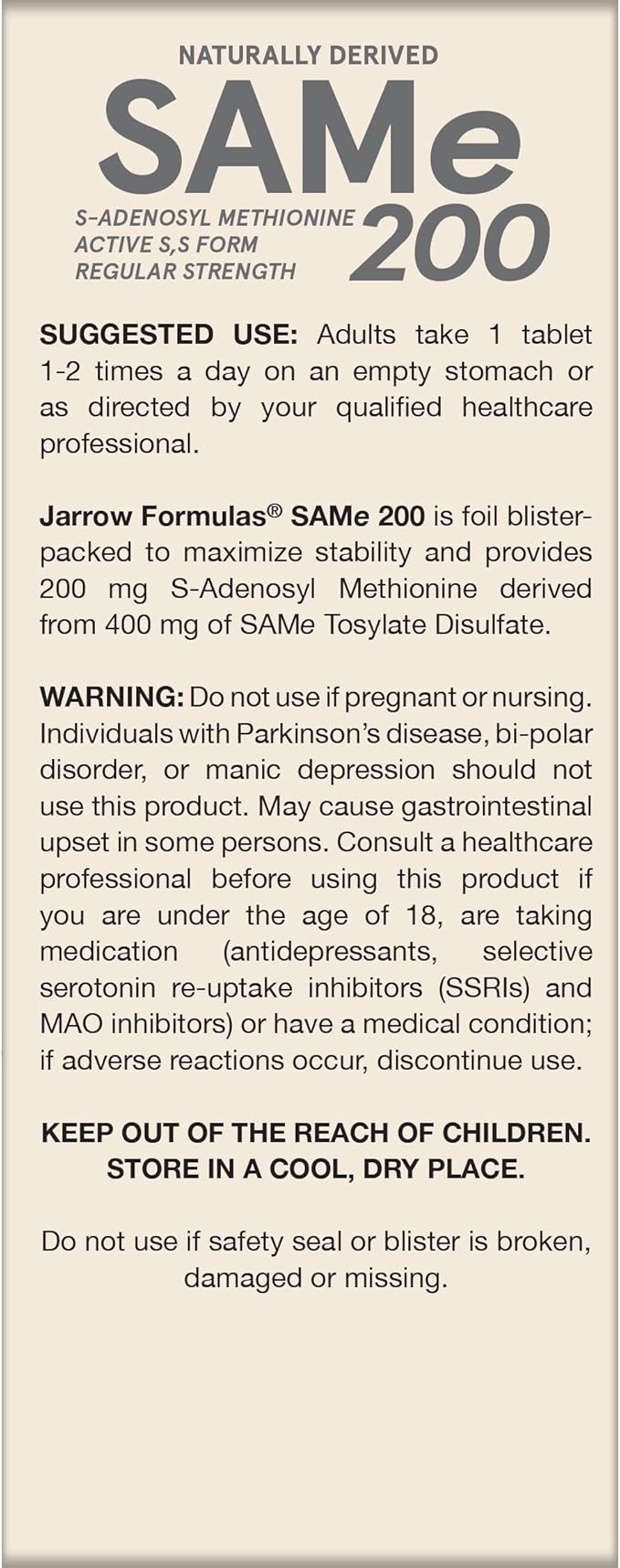 Jarrow Formulas® SAMe 200 mg, Supports Joint Health, Liver Function, Brain Metabolism, 60 Tablets, Up To A 60 Day Supply