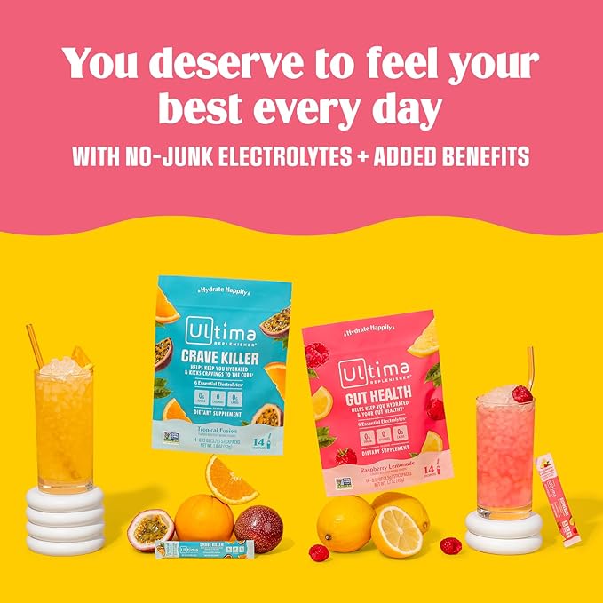 Ultima Replenisher Gut Health Supplement & Electrolytes Powder - Raspberry Lemonade, 14 Stickpacks - Hydration Packets with Added Gut Health Benefits