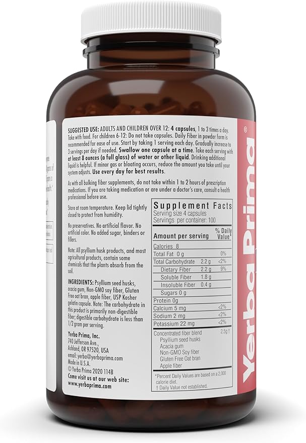 Yerba Prima Daily Fiber Caps Formula 400 Capsules (Pack of 2) - Both Soluble/Insoluble Fiber with Psyllium Seed Husks, Acacia Gum, Apple Fiber Supplement