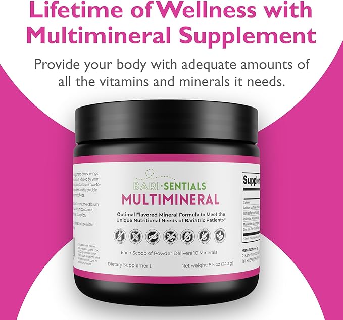 Barisentials Bariatric Multimineral Supplement- Post-Bariatric Surgery Support for Gastric Bypass, Sleeve Gastrectomy - Easy-to-Dissolve Mineral Powder- 240g