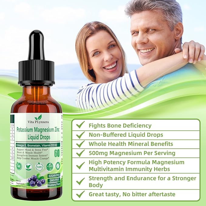 2 Pack Potassium Magnesium Supplement Liquid Drops Plus Calcium Omega-3 D3 B6 K2, Organic Liquid Potassium Magnesium Aspartate, Citrate, for Leg Cramp, Vascular Muscle & Electrolyte Balance