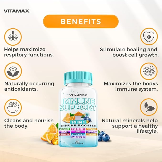 10-in-1 Immune System Support Booster with Elderberry, D3, Selenium, Quercetin, Zinc, Vitamin C, Ginger, Turmeric Curcumin, B6, Echinacea – Natural Immune Defense – Made in USA (60 Count (Pack of 1))