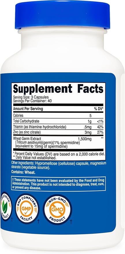 Nutricost Spermidine Wheat Germ Extract Supplement, 1500mg Wheat Germ Extract, 120 Capsules - 15mg Equivalent Spermidine Per Serving, 40 Servings, Vegetarian and Non-GMO