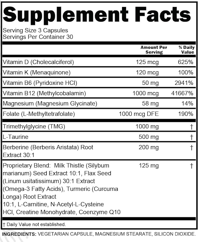 Clean Nutraceuticals TMG Taurine Supplement - Methylated Multivitamin with B6 Vitamins, B12, D3 K2, Magnesium Methylfolate Milk Thistle Omega 3 Turmeric NAC L Carnitine Creatine COQ10 & More, 90 Ct
