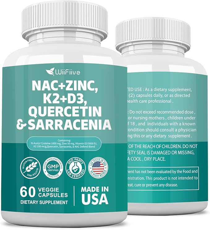 NAC Supplement N-Acetyl Cysteine NAC 1000mg Zinc Blend 50mg k2 100mcg Vitamin D3 5000 IU N-Acetyl Cysteine 1000mg Quercetin 1000mg Sarracenia Purpurea 1000mg L-Lysine Supplement, 60 Count