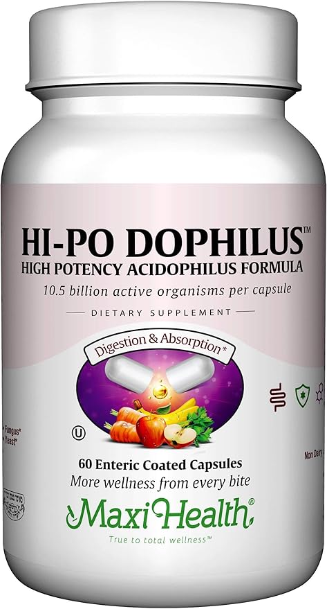 Maxi Health HI-PO Dophilus - High Potency Acidophilus Probiotics - 60 Capsules - Kosher