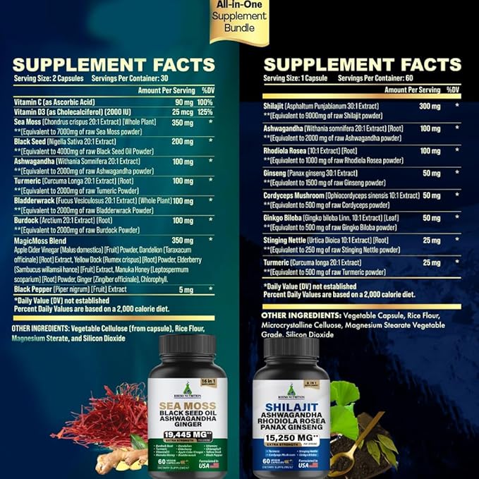 Sea Moss & Shilajit Multivitamin Bundle - Sea Moss 7000mg, Shilajit 9000mg, Black Seed Oil 4000mg, Ashwagandha 2000mg, Ginger & Rhodiola Rosea 1000mg, All in 1 Supplements