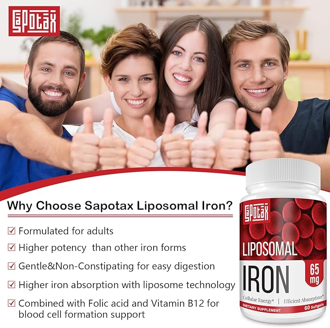 Liposomal Fe Iron Supplement for Women,65 mg Iron Supplements with Folic Acid & Vitamin B12 for Men,Red Blood Cell Production,Energy Support for Adults Iron Deficiency 60 Softgels(2 Bottle)
