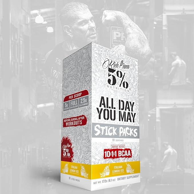 5% Nutrition Rich Piana AllDayYouMay BCAA Powder | 9g of Premium Intra & Post Workout Amino Acids for Hydration, Endurance, Muscle Recovery, Joint & Liver Support (Italian Lemon Ice)