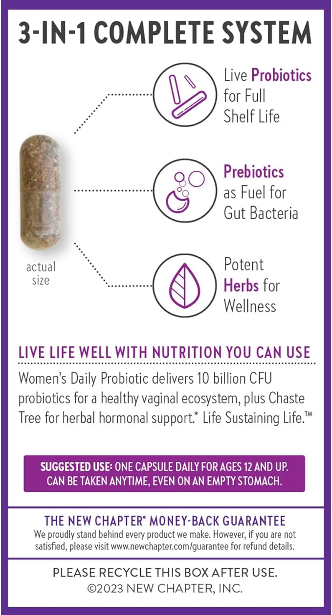 New Chapter Probiotics for Women - 60 ct (2 Month Supply), Women's Daily Probiotic with Prebiotics and Probiotics + 100% Vegan + Soy Free + Non-GMO