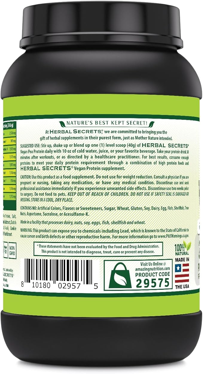 Herbal Secrets Vegan Protein | Cookies & Cream Flavor | 28 Grams Protein | 23 Servings | 6.2 Grams BCAA Supplement | Made in USA