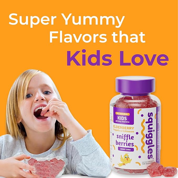 Squiggles Sniffle Berries Elderberry Gummies with Bee Propolis & Echinacea, Kids Defense Gummies, Kids Vitamins for Immune Support, Tasty Chewy Toddler Gummy Vitamin, 100 Gummies