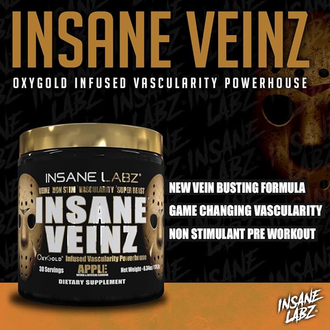 Insane Labz Psychotic Gold and Insane Veinz Gold Pre Workout Nitric Oxide Booster Stack, Increase Muscle Mass, Vascularity, Strength, Energy, Focus, Fruit Punch