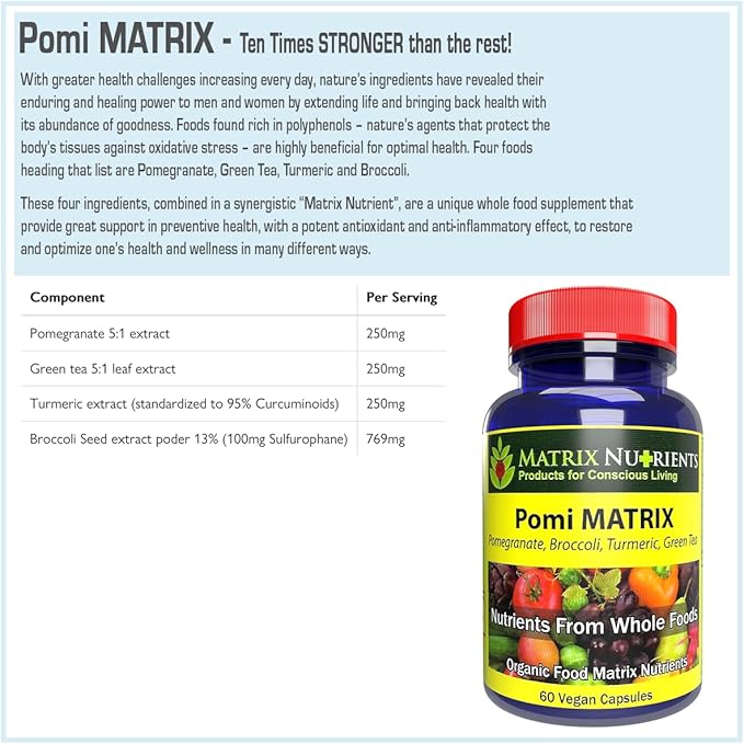 POMI Matrix - 10 Times Stronger Than The Competition! - Lower PSA Levels for Healthy Prostate - 100% Organic - Ingredients: Pomegranate, Green Tea, Turmeric, Broccoli - Vegan Capsules (60ct)