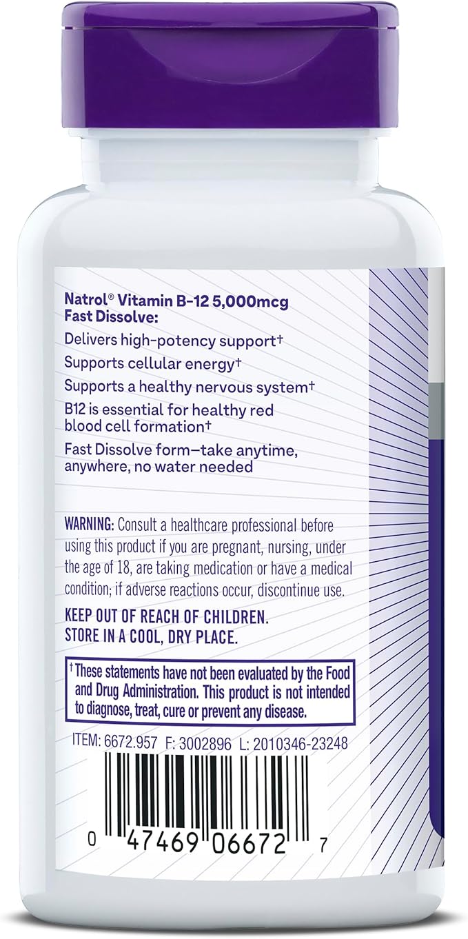 Natrol Vitamin B12 Fast Dissolve Tablets, Promotes Energy, Supports a Healthy Nervous System, Maximum Strength, Strawberry Flavor, 5,000mcg, 100 Count