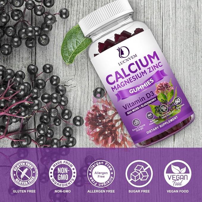 Sugar Free Calcium Magnesium Zinc Gummies with Elderberry and Sea Moss, Calcium Magnesium 2:1, Magnesium Glycinate, Potassium and Vitamin D3 for Bones, Muscles, Calm Mood & Sleep Support, 60 Gummies