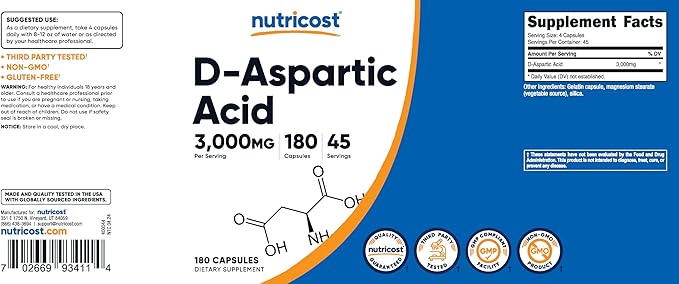 Nutricost D-Aspartic Acid (DAA) Capsules 3000mg Per Serving (180 Capsules) - Non-GMO