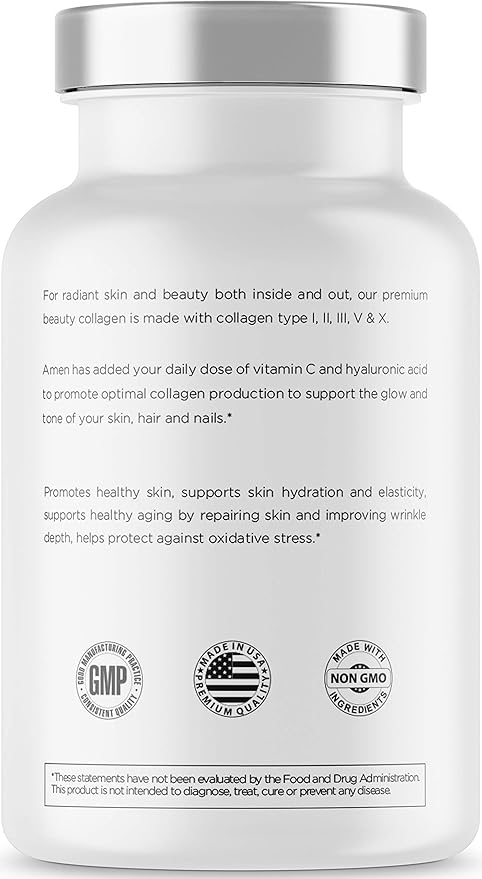 Amen Multi Collagen Peptides Capsules with Hyaluronic Acid and Vitamin C - 5 Types of Collagen Protein Type I, II, III, V, X - Grass Fed Hydrolyzed - 18 Amino Acids - Collagen Supplement - 90 Pills