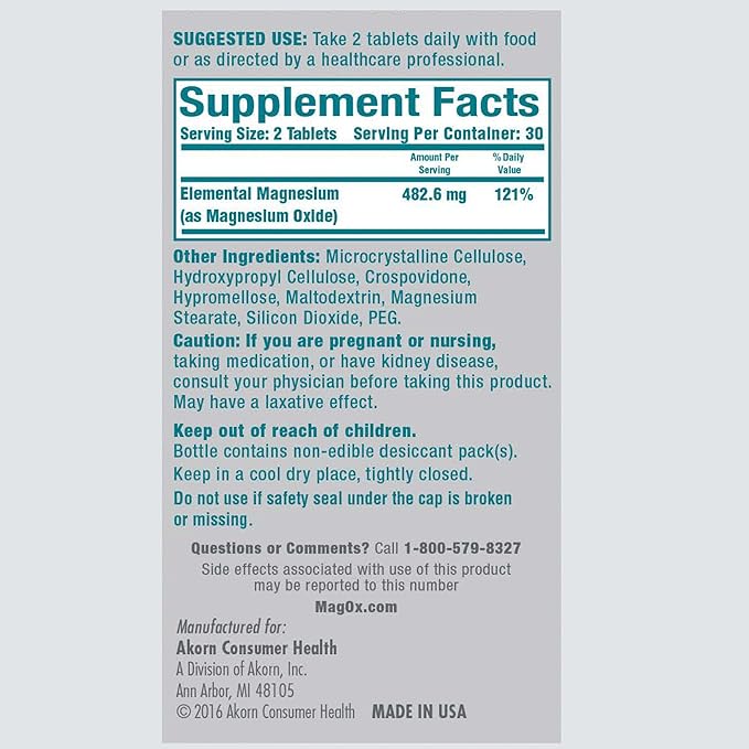 Mag-Ox 400 Magnesium Mineral Dietary Supplement Tablets, 483 mg Magnesium Oxide, 60 Count