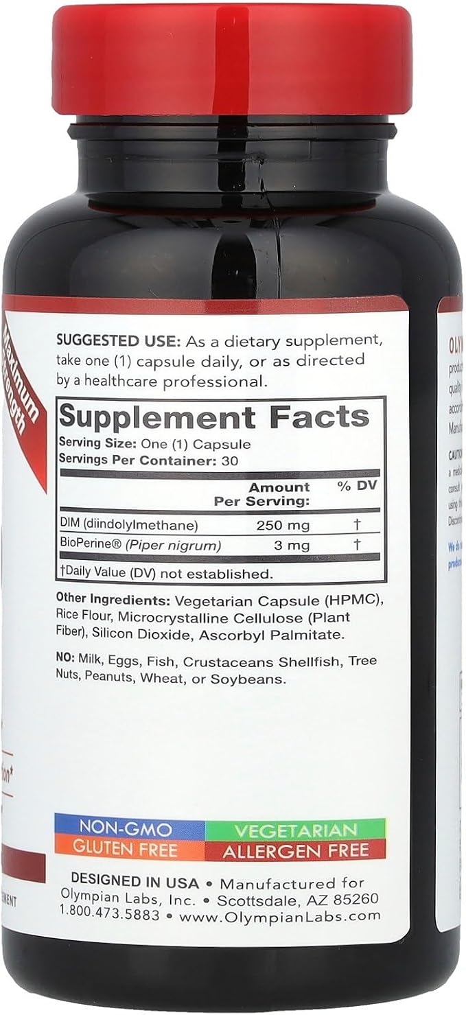 Olympian Labs DIM Supplement 250mg - DIM Diindolylmethane Plus BioPerine 30 Capsule Supply of DIM for Estrogen Balance, Hormone Menopause Relief, Acne Treatment, PCOS, Bodybuilding