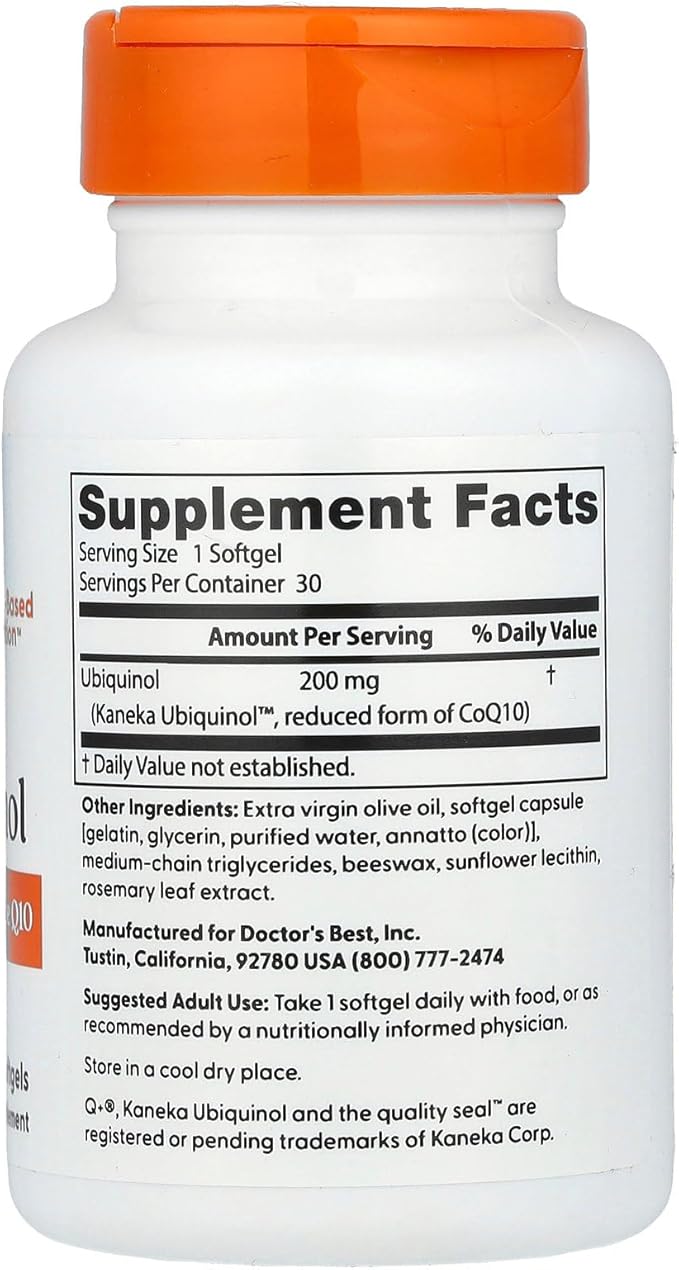 Doctor's Best Ubiquinol Featuring kaneka qh, Non-GMO, Gluten Free, Soy Free, Heart Health, 200 Mg, 30 Softgels
