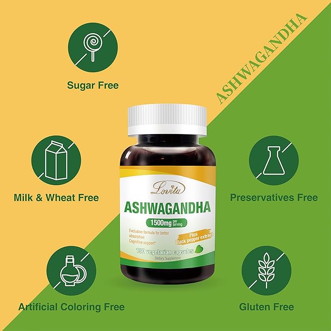 Lovita KSM-66 Ashwagandha | Highly Concentrated 22,500mg Equivalent | 5% Withanolide | 95% Black Pepper Piperine | Stress Relief & Energy Support | Vegan, Gluten Free | 130 Capsules (Pack of 3)