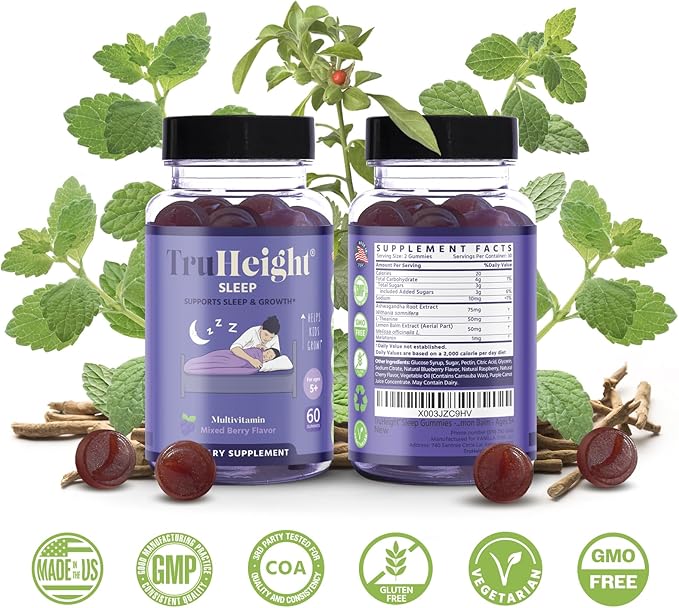 TruHeight Sleep Gummies - Kids & Teen Natural Sleep Aid for Growth & Development - Endorsed by Pediatricians - Kids Melatonin Gummy - Melatonin, Ashwagandha, L Theanine, Lemon Balm, Ages 4+