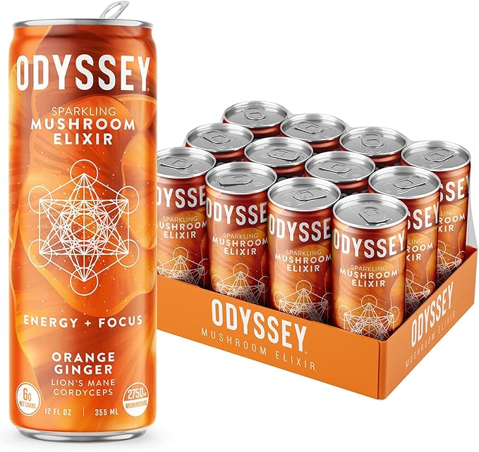 Odyssey Elixir Functional Beverage - Adaptogen Drink with Lions Mane, Cordyceps, L Theanine & Green Tea Caffeine - for Cognition, Energy & Mood Boost - 0 Added Sugar - Orange - 12 Fl oz, 12 Pack