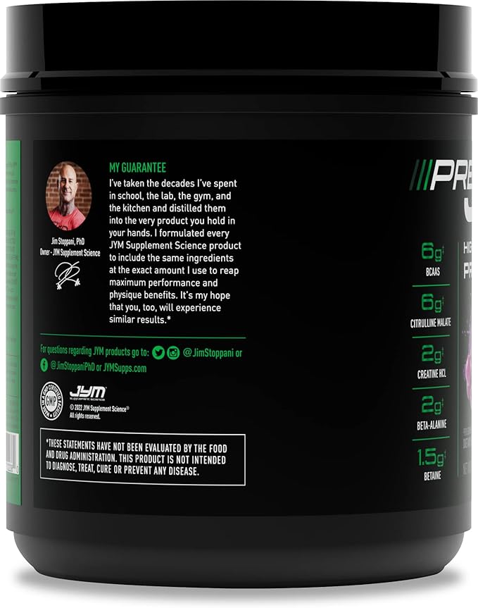 JYM Supplement Science Pre JYM Grape Candy Pre Workout Powder for Men & Women, BCAAs, Nootropics, Creatine HCI, Citrulline, Beta-Alanine, Betaine, Taurine, Huperzine, 30 Servings