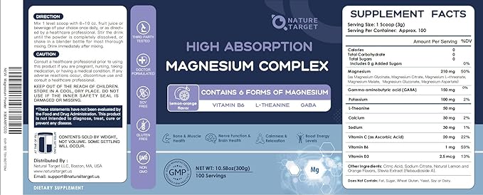 Magnesium Powder Supplement with Glycinate, Citrate, Malate, Magnesium Complex with L-Theanine & Vitamin B6 for Muscle, Heart & Brain, Vegan, Non GMO, 10.58 oz (100 Servings), Lemon Orange Flavor