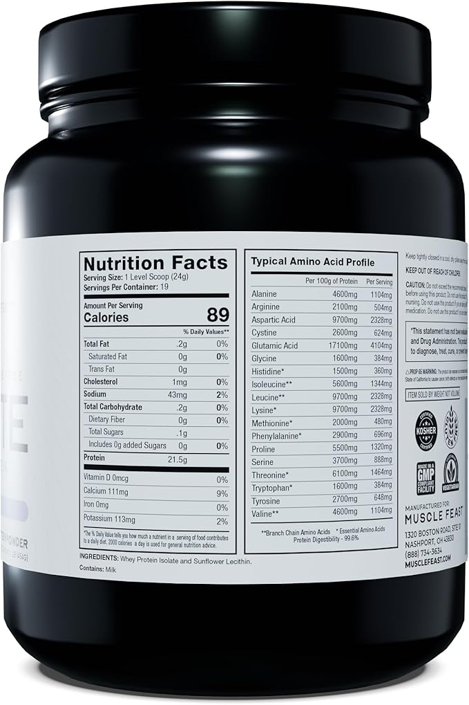 Muscle Feast Grass-Fed Whey Protein Isolate, All Natural Hormone Free Pasture Raised, Unflavored, 1lb