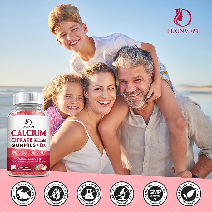 Calcium Citrate 1200mg with Vitamin D3 Gummies, Calcium Gummies with Vitamin D3 for Women & Men, Calcium Magnesium Zinc for Bone Muscle Healthy- Natural White Peach Flavor- 30 Day Supply