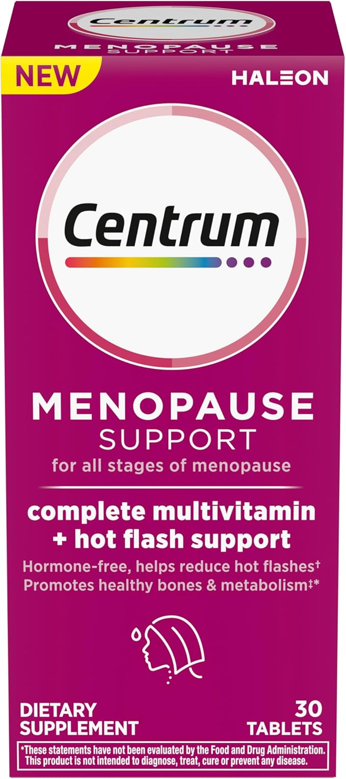 Centrum Complete Multivitamin Supplement + Hot Flash Support Menopause Support Tablets, with Clinically Studied geniVida, 30 Count