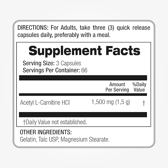 Lab - l carnitine - 1500 mg per Serving, 200 Capsules, l-carnitine - High Potency of - Acetyl l-carnitine -Supports Natural Energy Production, Supports Memory-Focus - carnitine - High Absorption.