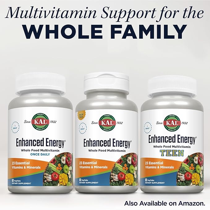 KAL Enhanced Energy Supplements, Once Daily Whole Food Multivitamin for Women and Men, Iron Free, 23 Essential Vitamins, Minerals, Super Foods, Digestive Enzymes, 60-Day Guarantee, 60 Serv, 60 VegTabs