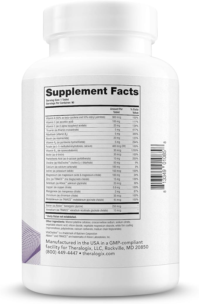 Theralogix Companion Multivitamin & Mineral Supplement - 90-Day Supply - Supplement for Women & Men Without Iron, Vitamin D, or Vitamin K - B Vitamins, Zinc & Magnesium - NSF Certified - 90 Tablets