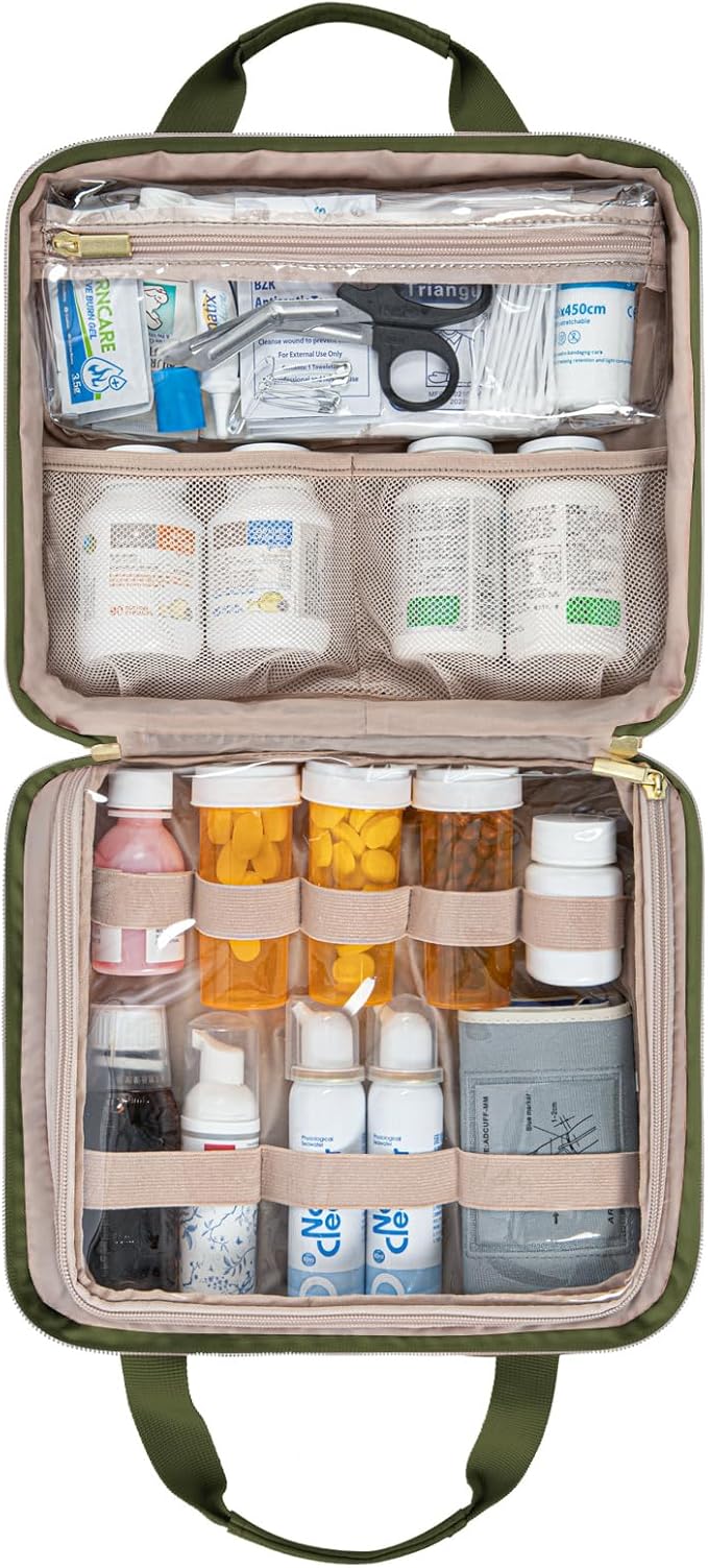 Leudes Travel Pill Bottle Organizer,Medicine Organizer and Storage,Home Medication Bag, Cases,Carrier for Pills,Vitamin,Fish Oil,Supplements for Women and Men (Large, Army Green)