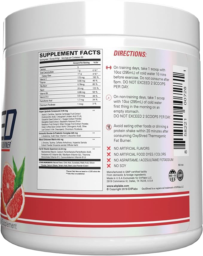EHP Labs OxyShred Pre Workout Powder - Preworkout Powder with L Glutamine & Acetyl L Carnitine, Energy Boost Drink - Pink Grapefruit, 60 Servings