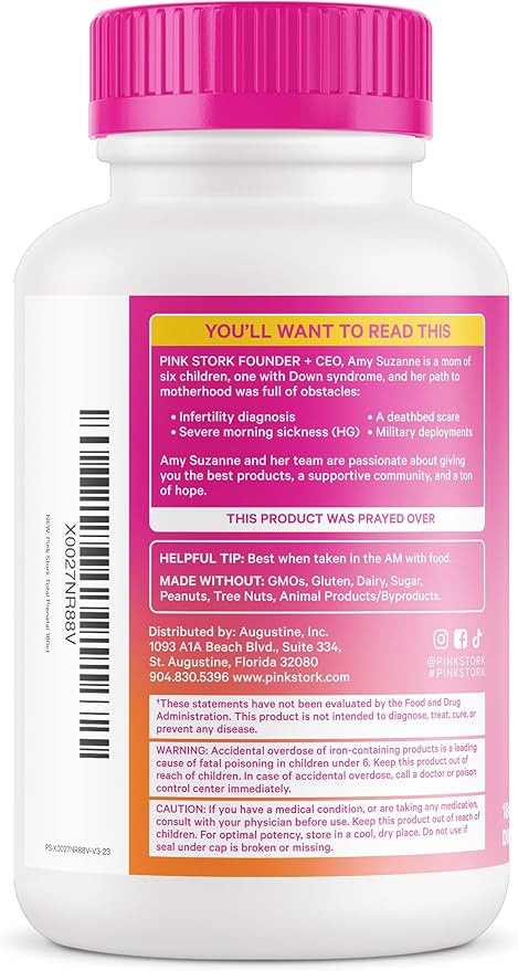 Pink Stork Total Prenatal Vitamins with DHA, Folate, and Iron, 3 Month Supply to Help Support Fetal Development, Pregnancy Must Haves - 180 Capsules