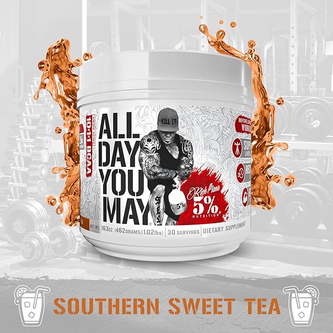 5% Nutrition Rich Piana AllDayYouMay BCAA Powder | Premium Intra & Post Workout Amino Acids, Hydration, Endurance, Muscle Recovery, Joint & Liver Support | 16.3 oz, 30 Servings (Southern Sweet Tea)