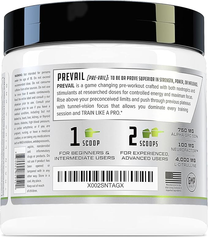 Prevail Pre Workout Powder with Nootropics: Pre Workout for Men and Women, Cutting Edge Energy and Focus Supplement with L Citrulline, Alpha GPC, L Tyrosine | Cotton Candy Grape, 40 Scoops