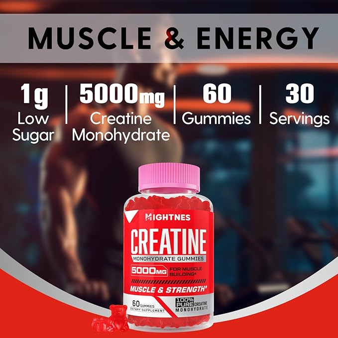 Creatine Monohydrate Gummies for Men & Women - 5000mg Creatine Pre-Workout Gummies with Taurine & Vitamin B6 B12 for Maximum Strength, Muscle, Energy, Endurance & Focus, Organic, Vegan-60 Count