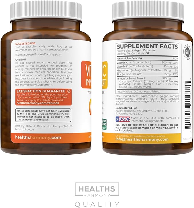 Vitamin C Immune Support Supplement - Immunity Boost Blend with Elderberry Vitamin C and Zinc for Daily & Seasonal Support - Immunity Supplement with Magnesium Zinc Vitamin C and D (2 Months Supply)