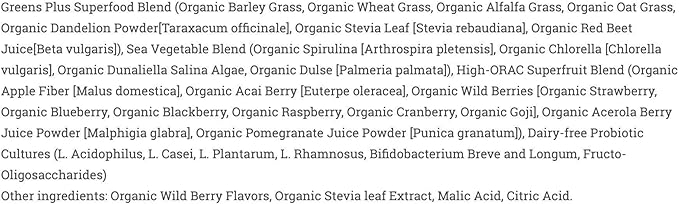 Greens+ Organic Wild Berry Superfood Powder, Antioxidant Polyphenol, Blend for Morning Kick, Energy, Vitality Boost, Nutrition, Vibrant Health, Dietary Supplement, Vegan Soy/Dairy/Gluten Free(8.46oz)