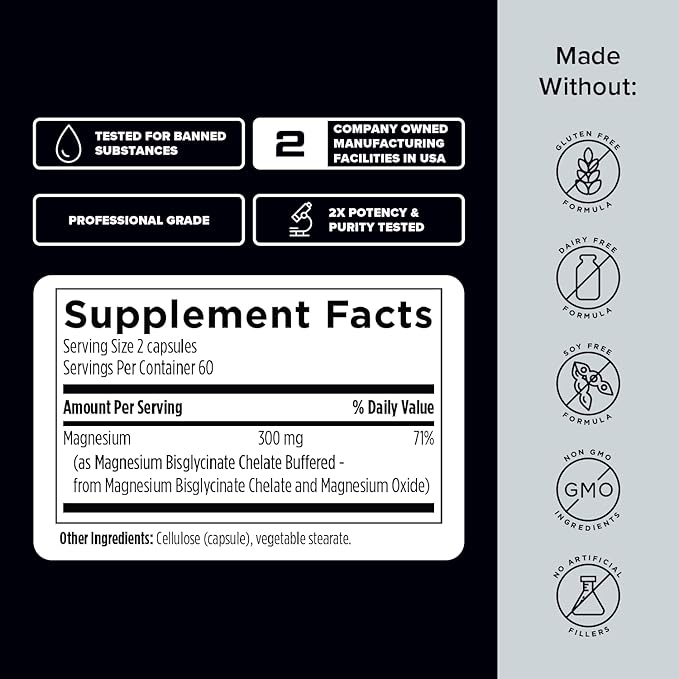 Magnesium Bisglycinate - Magnesium Supplement to Support ATP Energy, Muscle Recovery, Bone Health & Heart Health - NSF Certified for Sport (120 Capsules)