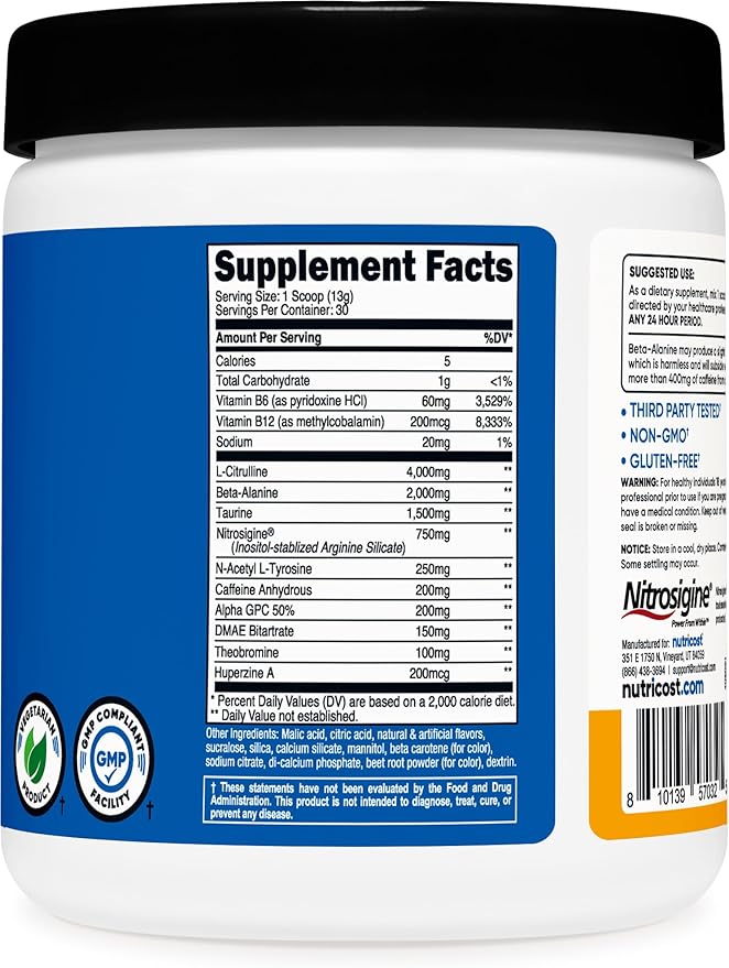 Nutricost Pre-Workout Complex Powder (30 Servings, Peach Mango) - Pre-Workout Supplement with Beta-Alanine, Taurine & Amino Acids