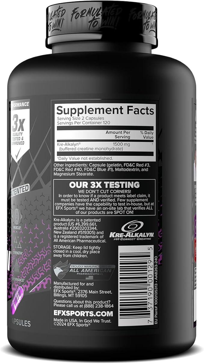 EFX Sports Kre-Alkalyn EFX | pH Correct Creatine Monohydrate Pill Supplement | Strength, Muscle Growth & Performance | 120 Servings, 240 Capsules