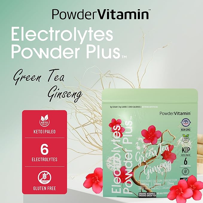 Electrolytes Powder Plus (50 Servings) Green Tea Ginseng Electrolyte Powder Keto, Sugar Free, Pink Himalayan Salt,1000mg Potassium,120mg Calcium,120mg Magnesium, Hydration Powder