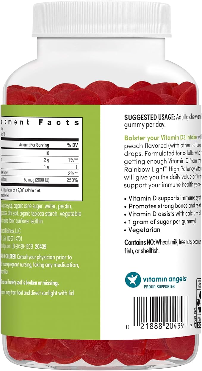 Rainbow Light Vitamin D Gummies, High Potency Vitamin D3 2,000IU Immune Health Support, Helps Support Strong Bones & Teeth, Gluten Free, Vegan, Peach, 120 Gummies